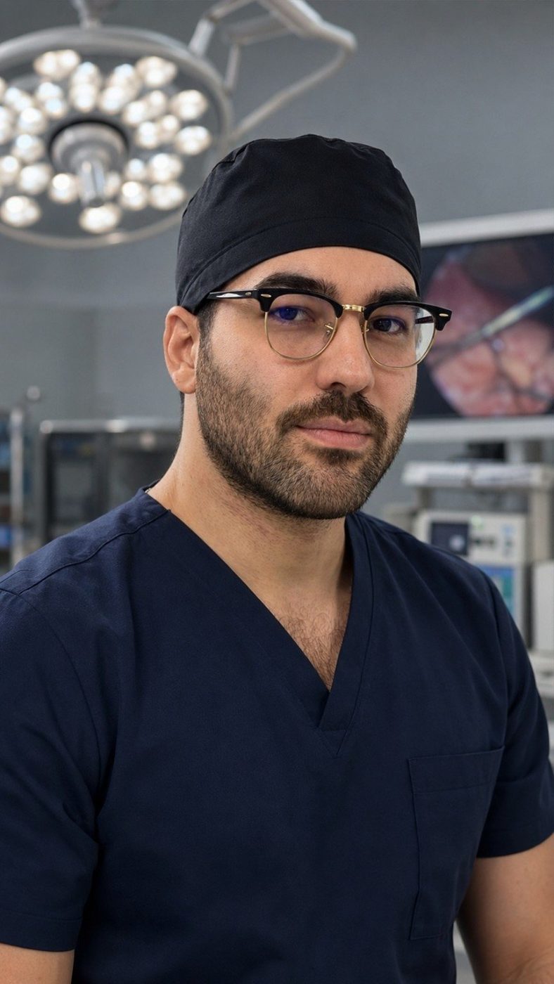Dr. José Manuel Valdez Gómez realizando cirugía laparoscópica en quirófano.