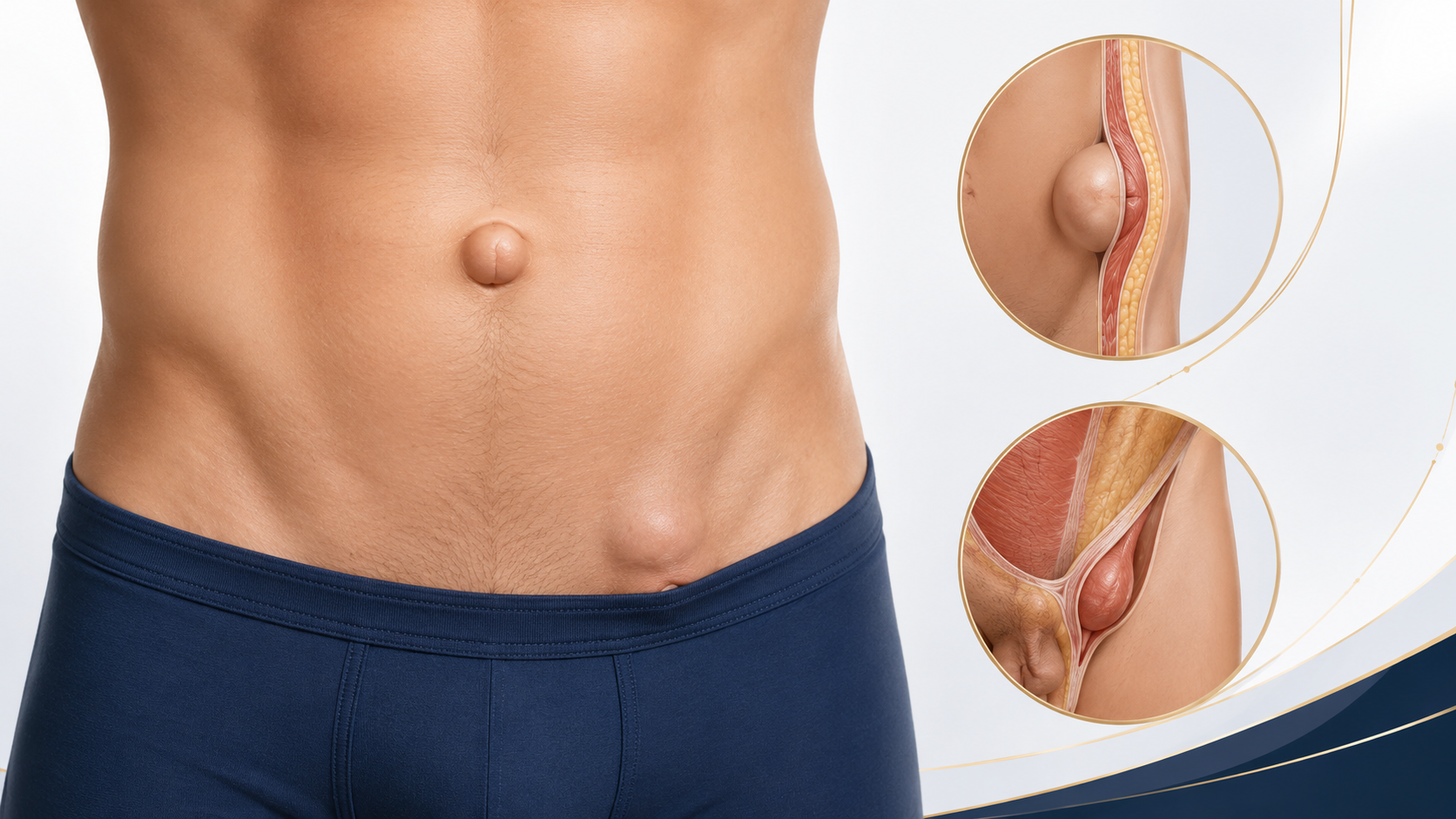 Ilustración anatómica de hernia umbilical e inguinal